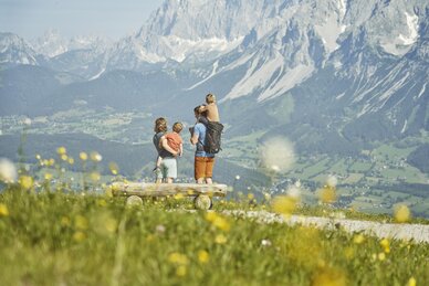Zwei Erwachsene und zwei Kinder stehen an einer Holzbank auf einer Blumenwiese und blicken auf ein weites Bergpanorama | © Peter Burgstaller