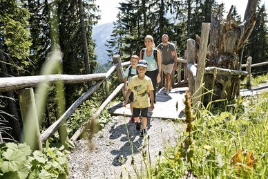 A family with two children hikes along a narrow forest trail with a wooden railing. Sunshine and lush greenery surround them. | © Salzburger Sportwelt/MirjaGeh