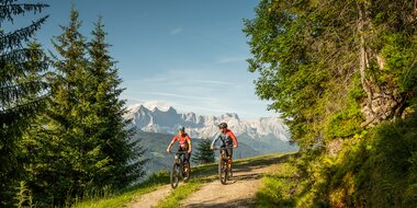 Zwei Mountainbiker fahren auf einem Waldweg mit Blick auf das Dachsteinmassiv, umgeben von grünen Bäumen und Wiesen. | © Altenmarkt-Zauchensee Tourismus/Lorenz Masser