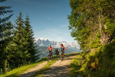 Two mountain bikers ride on a forest trail with a view of the Dachstein massif, surrounded by green trees and meadows. | © Altenmarkt-Zauchensee Tourismus/Lorenz Masser
