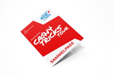 Red RIDE Ski amadé Cash4Tricks Tour stamp card with white text and Blue Tomato logo on white background.