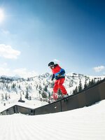Freeskier in red-blue outfit slides on rail in snowpark with sunlight and snowy alpine scenery in background.